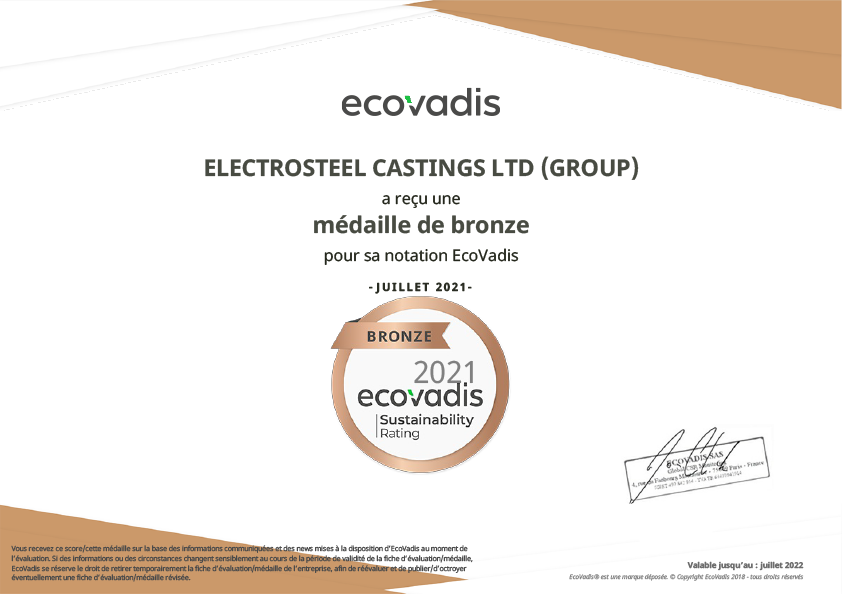 Electrosteel recebeu uma medalha de bronze pelo seu desempenho RSE EcoVadis